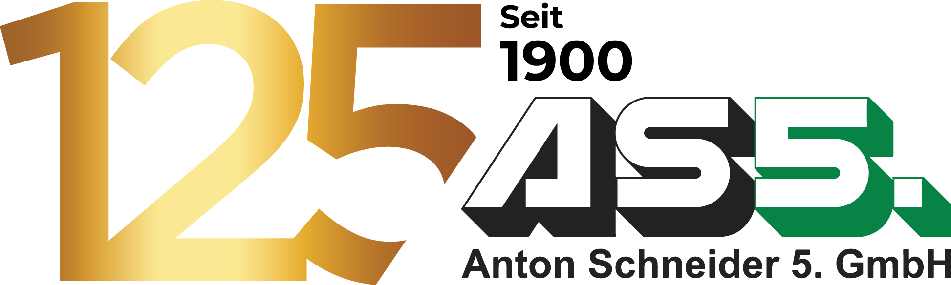 Das Bild zeigt das Logo von Anton Schneider 5. GmbH, das eine goldene 125 und die Buchstaben AS5 in verschiedenen Farben enthält. Die Schrift ist modern und klar, wobei das Logo die lange Unternehmensgeschichte seit 1900 betont.