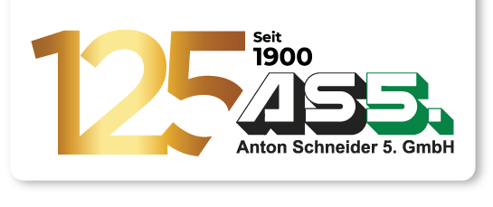 Logo der Anton Schneider 5. GmbH, das das 125-jährige Jubiläum seit 1900 feiert. Die Zahl "125" ist in goldener Schrift hervorgehoben, während "AS5." in einer modernen Schriftart in Schwarz und Grün dargestellt ist. Das Design vermittelt Tradition und Innovation.